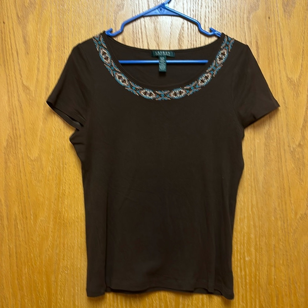Lauren Ralph Lauren brown t shirt with detailed beading  size medium